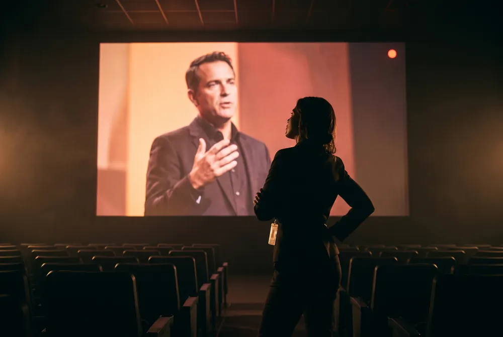 Employee with an ID badge watching a secure executive briefing on a large screen in a private screening room