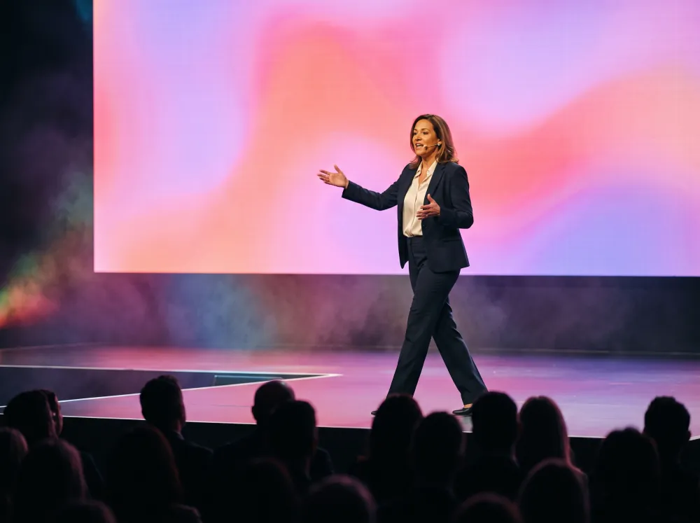 Executive presenting a company town hall broadcast on stage in front of a live audience