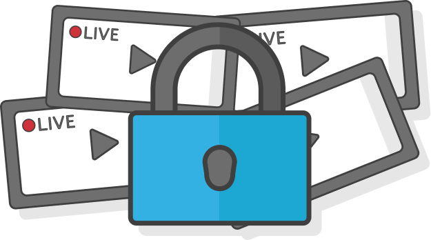 A padlock over several live video players