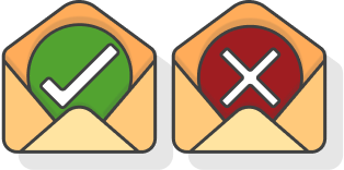 Two open envelopes, one with a green tick for a whitelisted email address and one with a red cross for a blocked one